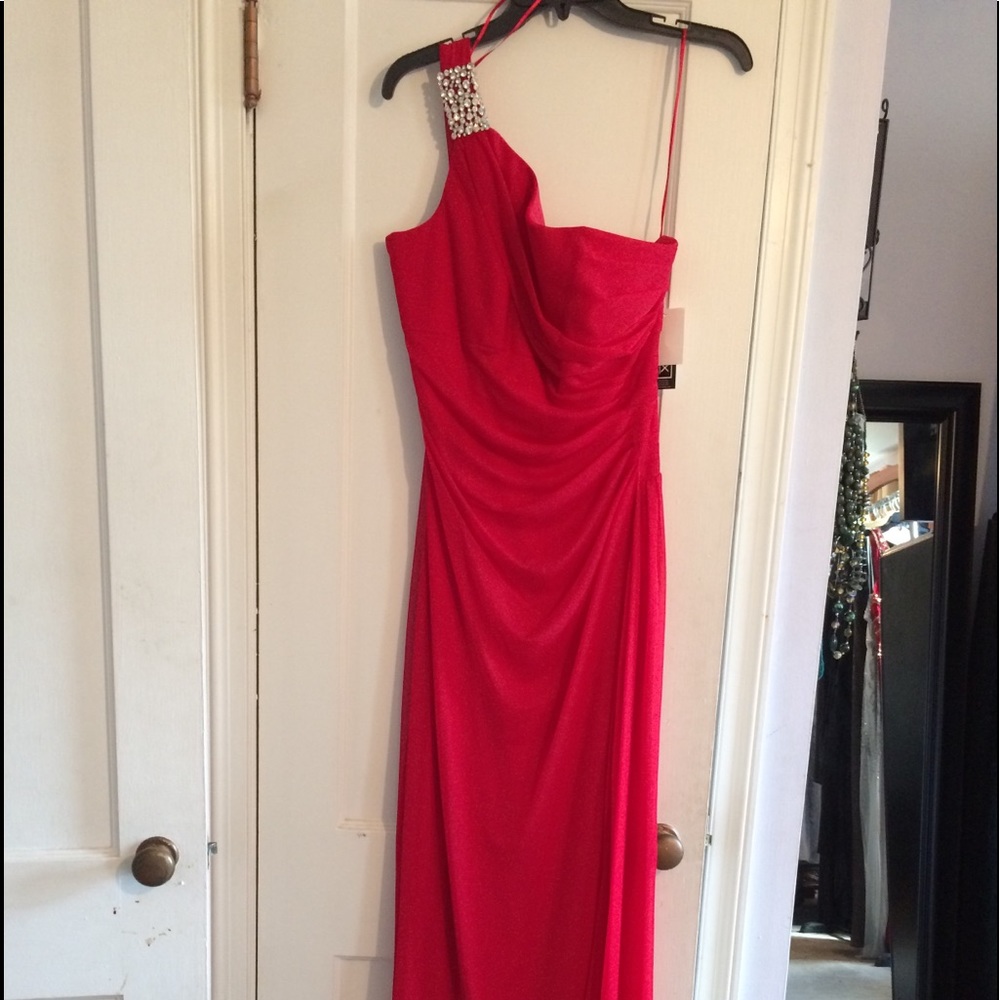 Red one shoulder gown